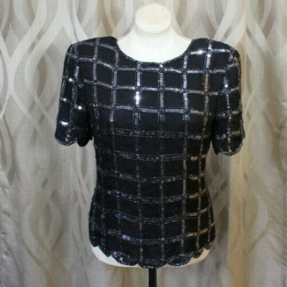 True Vintage 1980s Black and Silver Sequins Beaded Top Scallop Edging M L - Picture 2 of 4